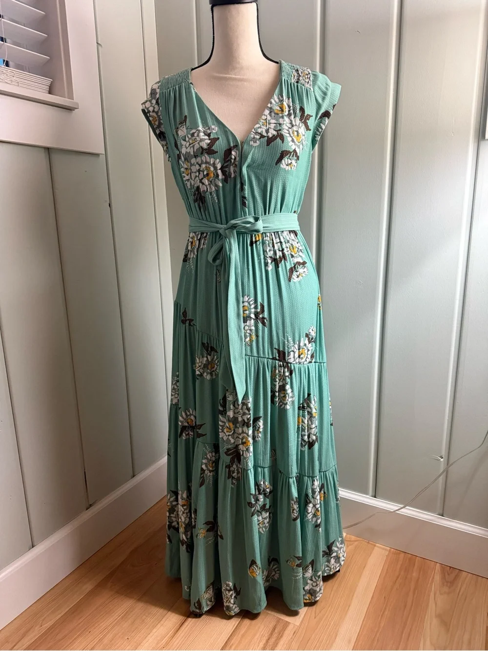 Free People All I Got Printed Tiered Maxi Dress Green Floral Size 0